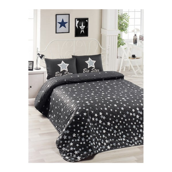 Zestaw bawełnianej czarnej narzuty na łóżko i 2 poszewek na poduszki Lesso Duro, 200x220 cm