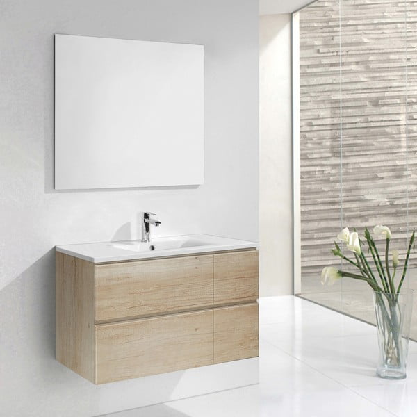 Szafka do łazienki z umywalką i lustrem Monza, motyw drewna, 120 cm