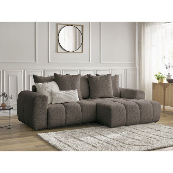 Brązowy rozkładany narożnik z materiału bouclé ze schowkiem (prawostronny/z szezlongiem) Roxelane – Bobochic Paris-image-3