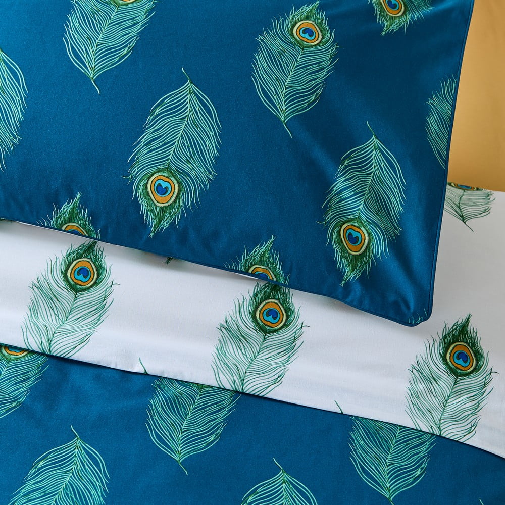 Biało-zielononiebieska bawełniana pościel dwuosobowa 200x200 cm Peacock Feather – Their Nibs (zdjęcie 8)