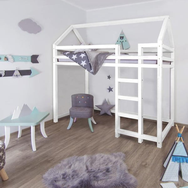 Białe drewniane podwyższone łóżko dziecięce Benlemi Nesty, 90x200 cm