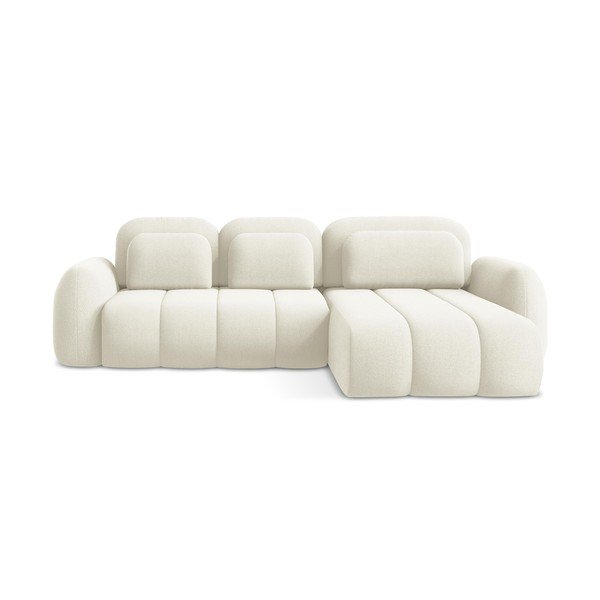 Beżowy rozkładany narożnik z materiału bouclé ze schowkiem (prawostronny/z szezlongiem) Pele – Makamii