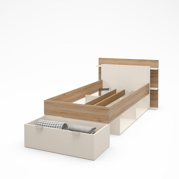 Biało-naturalne łóżko jednoosobowe w dekorze dębu ze schowkiem bez stelaża 90x200 cm Albo – Marckeric-image-4