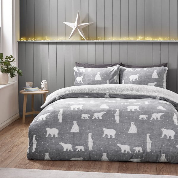 Szara pościel dwuosobowa z materiału sherpa 200x200 cm Cosy Polar Bear – Catherine Lansfield-image-1