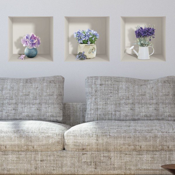 Komplet 3 naklejek ściennych 3D Ambiance Purple Bouquets-image-1