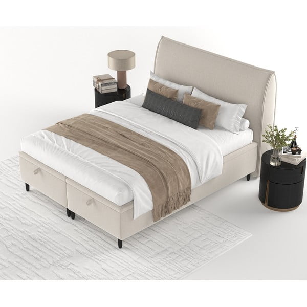 Beżowe tapicerowane łóżko dwuosobowe ze schowkiem 160x200 cm Pearl – Maison de Rêve-image-4