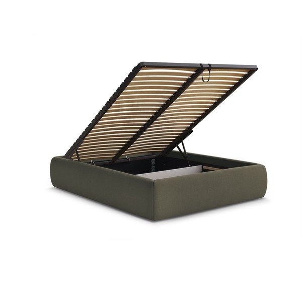 Ciemnozielone tapicerowane łóżko dwuosobowe bez zagłówka ze schowkiem i stelażem 160x200 cm Inera – Bobochic Paris-image-3