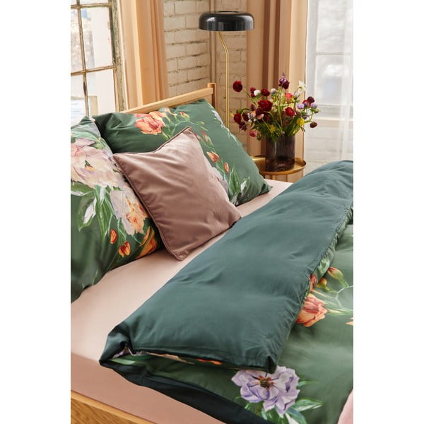 Ciemnozielona pościel dwuosobowa z satyny bawełnianej Bonami Selection Floret, 200x220 cm-image-3