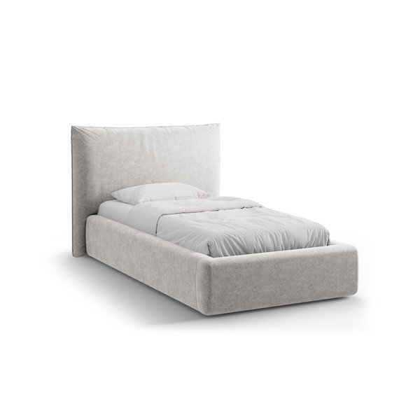 Jasnoszare tapicerowane łóżko jednoosobowe ze schowkiem i stelażem 90x200 cm Kaelle – Micadoni 