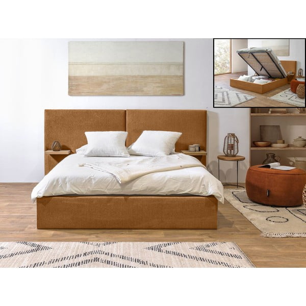 Tapicerowane łóżko dwuosobowe ze schowkiem ze stelażem 160x200 cm w odcieniach ochry Blandine – Bobochic Paris-image-1