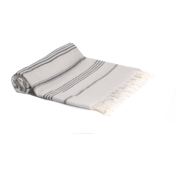 Szaro-biały ręcznik kąpielowy tkany ręcznie Ivy's Berna, 95x180 cm