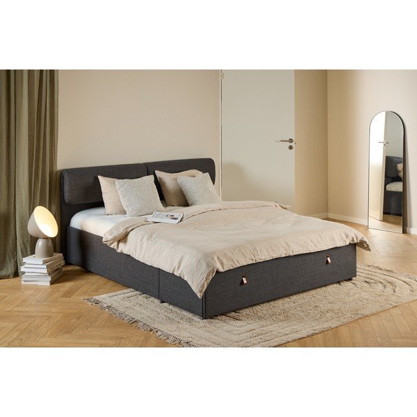 Ciemnoszare tapicerowane łóżko dwuosobowe ze schowkiem i stelażem 160x200 cm Calvi – Actona-image-1