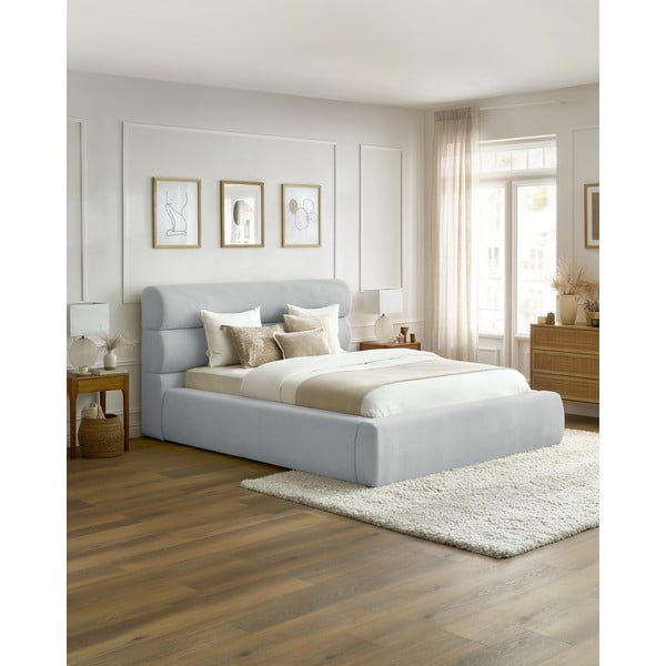 Jasnoszare tapicerowane łóżko dwuosobowe ze schowkiem i stelażem 160x200 cm Jagna – Bobochic Paris-image-1