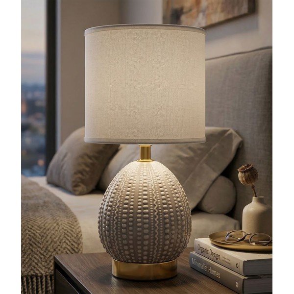 Jasnoszara lampa stołowa ceramiczna z tekstylnym kloszem (wysokość 30,5 cm) Flavi – Mauro Ferretti-image-1