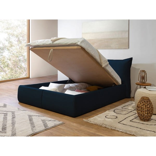 Ciemnoniebieske tapicerowane łóżko dwuosobowe ze schowkiem ze stelażem 160x200 cm Jade – Bobochic Paris-image-4