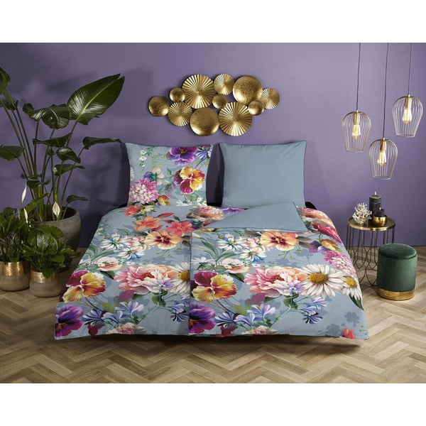 Szara pościel jednoosobowa z bawełny organicznej Descanso Sunflower, 140x220 cm-image-1