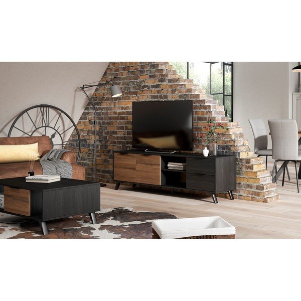 Czarno-naturalna szafka pod TV w dekorze orzecha 181x53 cm Noe – Marckeric-image-1