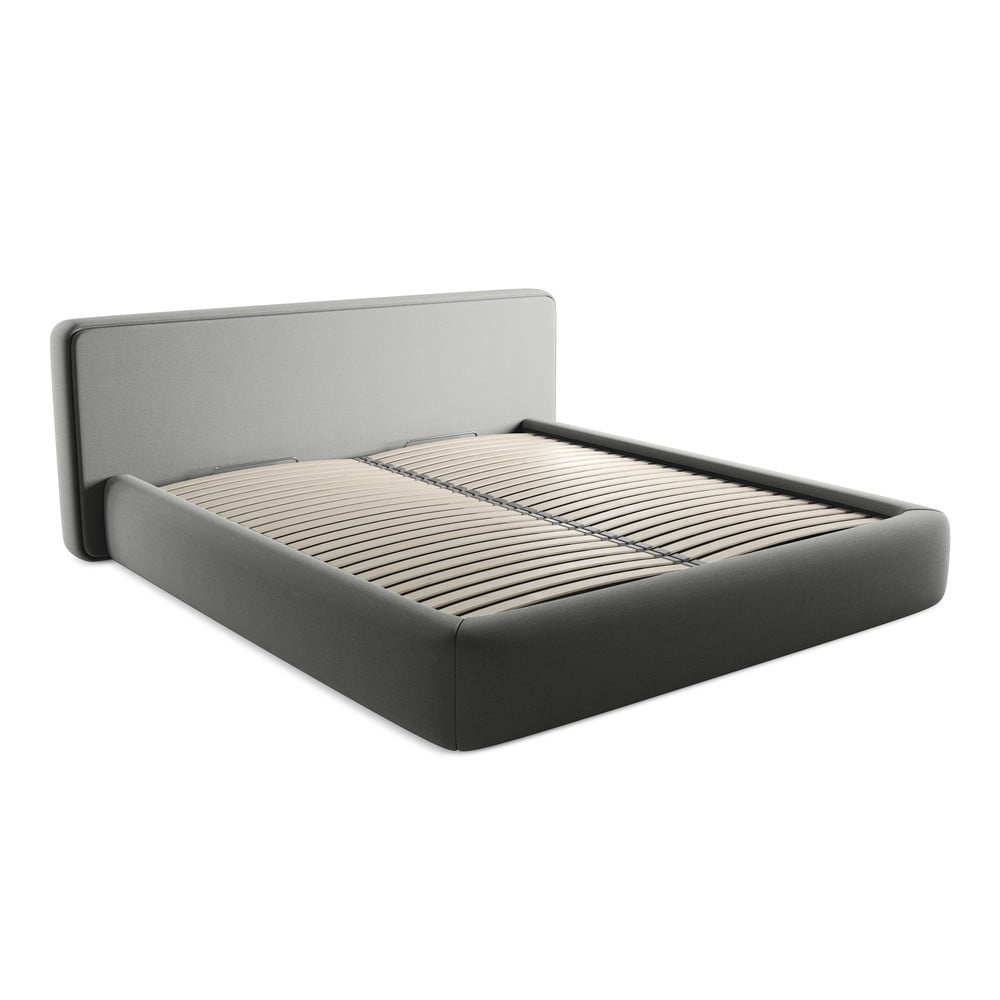 Szare tapicerowane łóżko dwuosobowe ze schowkiem i stelażem 180x200 cm Kiana – Makamii