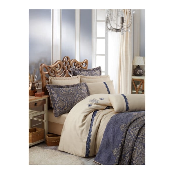 Niebiesko-żółta narzuta na łóżko dwuosobowe z poszewkami na poduszki Ornella, 260x260 cm