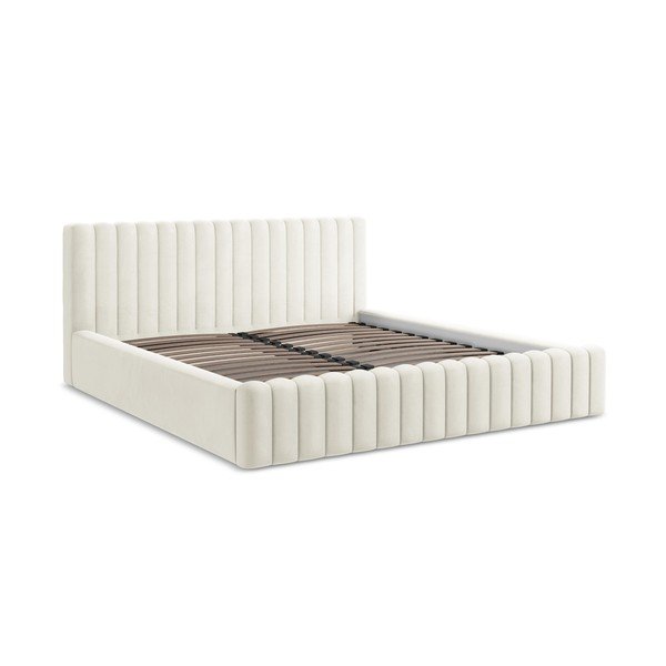 Kremowe tapicerowane łóżko dwuosobowe ze schowkiem ze stelażem 160x200 cm Lemi – Makamii-image-2