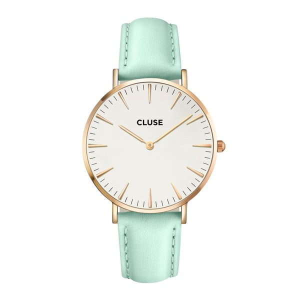 Zegarek damski z miętowym skórzanym paskiem i detalami w kolorze różowego złota Cluse La Bohéme