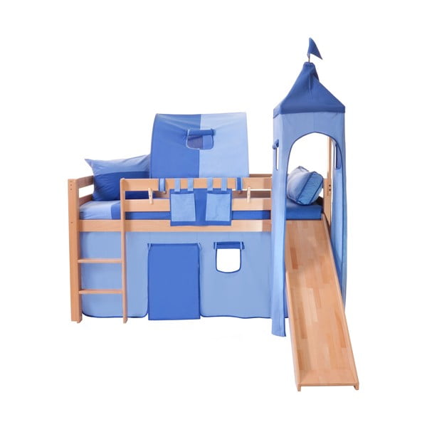 Dziecięce łóżko piętrowe ze zjeżdżalnią i niebieskim zamkiem z bawełny Mobi furniture Tom, 200x90 cm