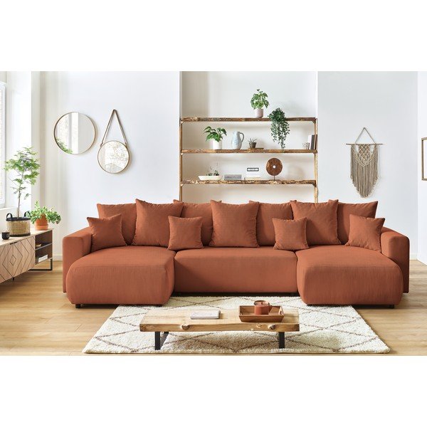 Ciemnopomarańczowa sztruksowa sofa rozkładana w kształcie litery U Bobochic Paris Envy-image-1
