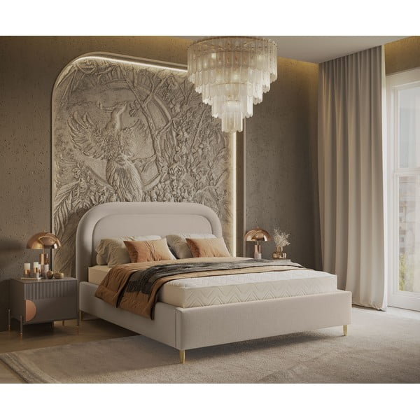 Beżowe tapicerowane łóżko dwuosobowe ze schowkiem i stelażem 160x200 cm Mija – Maison de Rêve-image-1
