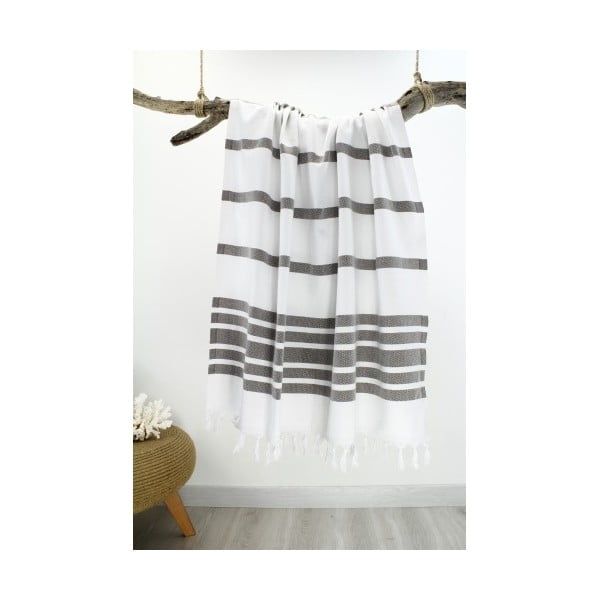 Szaro-biały ręcznik w paski Hammam Herringbone Style, 100x170 cm