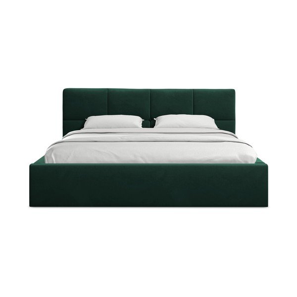 Ciemnozielone aksamitne tapicerowane łóżko dwuosobowe ze schowkiem ze stelażem 140x200 cm Hiko – Makamii-image-3