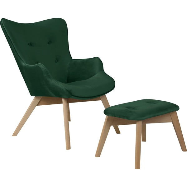 Ciemnozielony aksamitny fotel z podnóżkiem Niko – Ropez