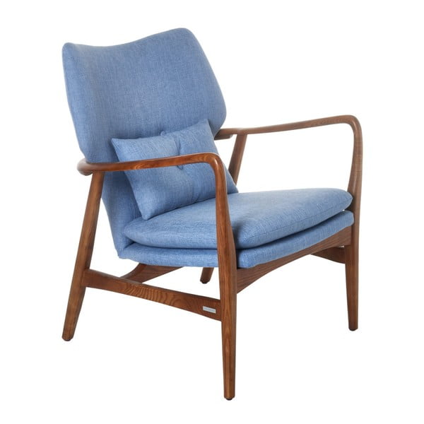 Niebieski fotel z konstrukcją z drewna jesionowego pols potten Peggy