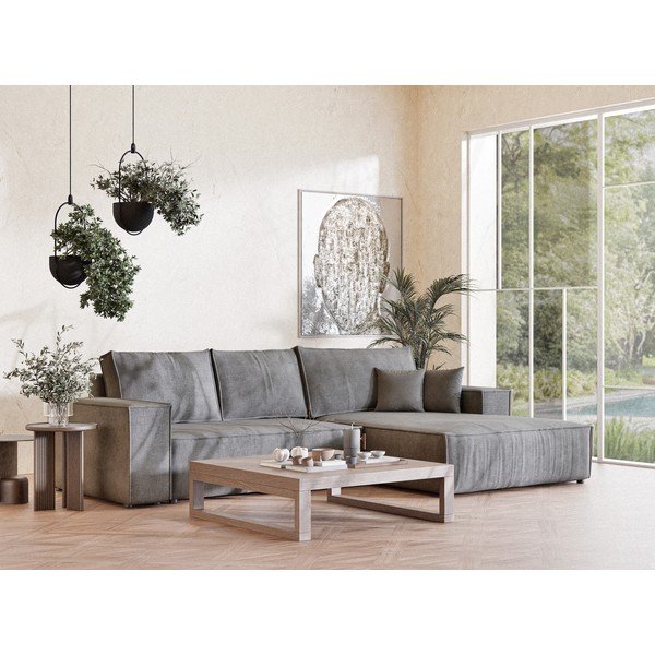 Szary rozkładany/ze schowkiem narożnik z tkaniny szenilowej (prawostronny/z szezlongiem) Maze – Maison de Rêve-image-1