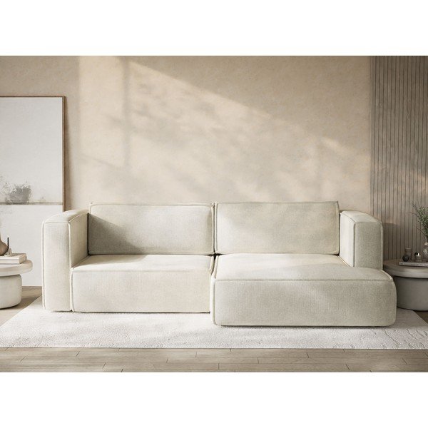 Kremowy rozkładany/ze schowkiem narożnik z tkaniny szenilowej (prawostronny/z szezlongiem) Velto – Maison de Rêve-image-1
