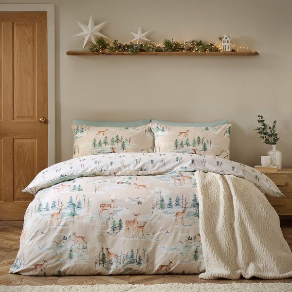 Flanelowa pościel dwuosobowa w naturalnym kolorze 230x220 cm Brushed Christmas Deer – Catherine Lansfield