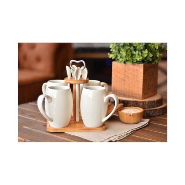 Zestaw kubków, łyżeczek z porcelany i stojaka z bambusu Suedo-image-2