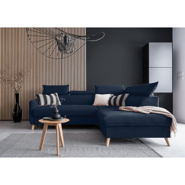 Ciemnoniebieski aksamitny rozkładany narożnik (prawostronny) Sweet Harmony – Miuform-image-1