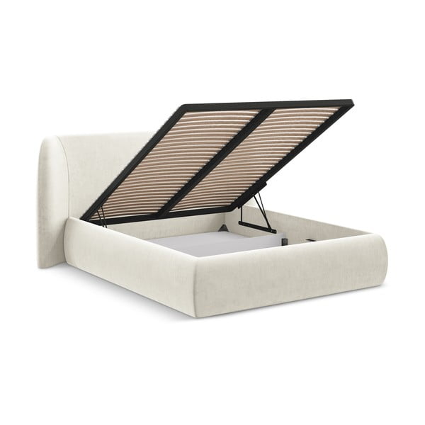 Kremowe tapicerowane łóżko dwuosobowe ze schowkiem i stelażem 180x200 cm Hauke – Makamii-image-2