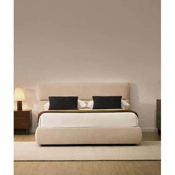 Beżowe tapicerowane łóżko dwuosobowe z szenilu ze schowkiem ze stelażem 160x200 cm Dafra – Kave Home-image-1
