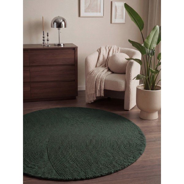 Ciemnozielony wełniany okrągły dywan tkany ręcznie ø 150 cm Calmio – Hanse Home-image-1
