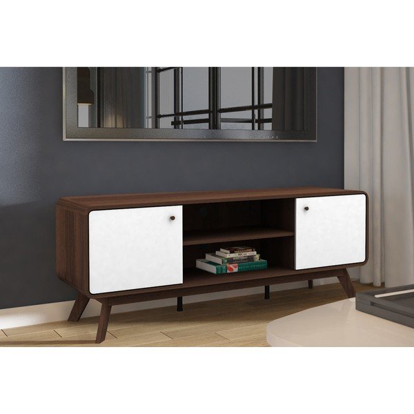 Biało-brązowa szafka pod TV w dekorze orzecha 140x53 cm Caitlin – Støraa-image-1