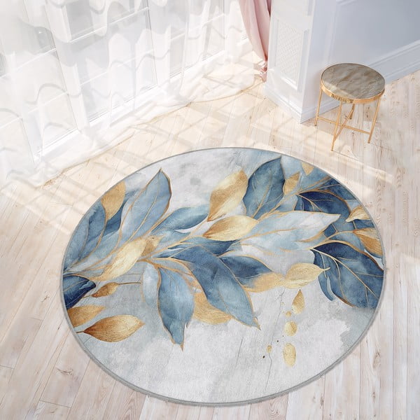 Okrągły dywan w niebiesko-złotym kolorze odpowiedni do prania ø 80 cm Golden Leaves – Mila Home-image-3