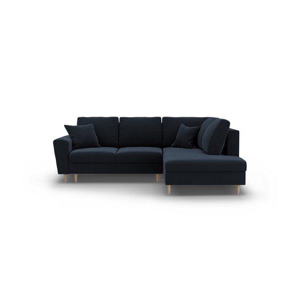 Ciemnoniebieski aksamitny rozkładany narożnik ze schowkiem (prawostronny/w kształcie litery L) Kyoto – Cosmopolitan Design