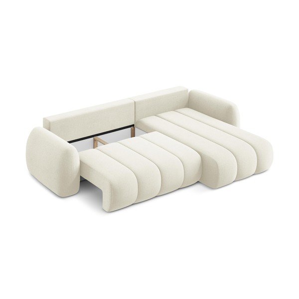 Beżowy rozkładany narożnik z materiału bouclé ze schowkiem (prawostronny/z szezlongiem) Pele – Makamii-image-3