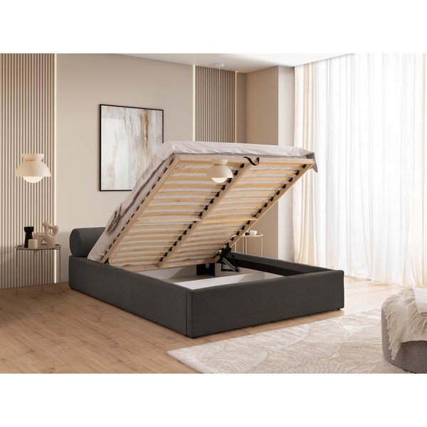 Ciemnoszare tapicerowane łóżko dwuosobowe ze schowkiem i stelażem 160x200 cm Cille – Ropez-image-4