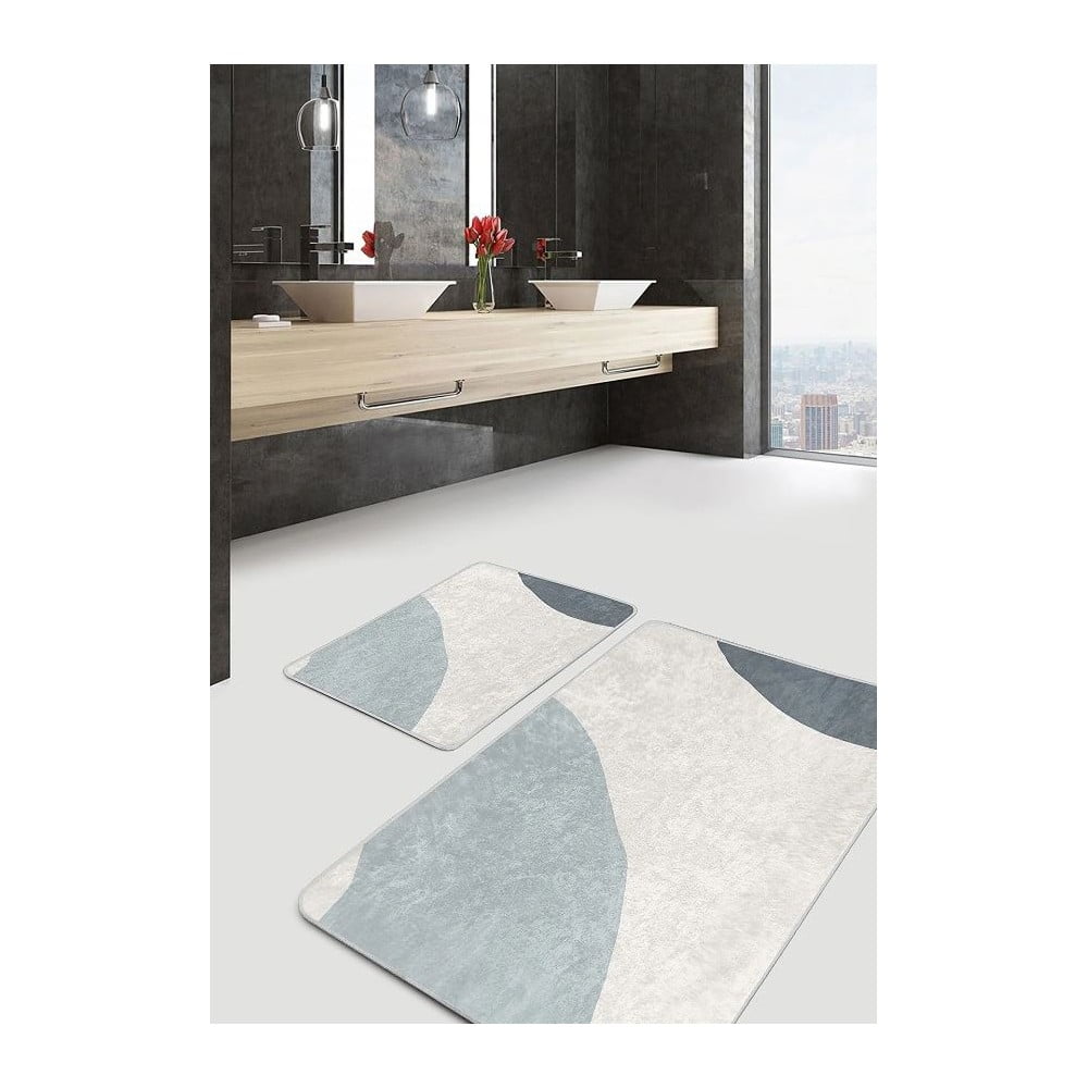 Szaro-kremowe aksamitne dywaniki łazienkowe zestaw 2 szt. 60x100 cm Abstract Shapes – Mila Home (zdjęcie 3)
