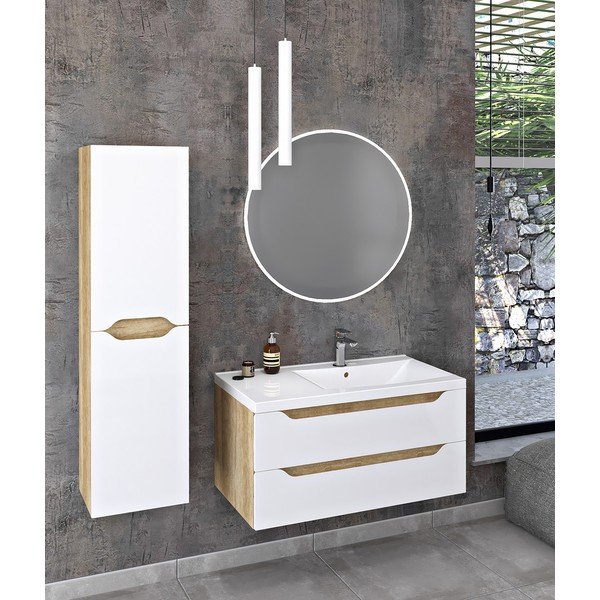 Biała wisząca szafka bez umywalki w dekorze drewna egzotycznego 90x45 cm Wave – Sapho-image-2