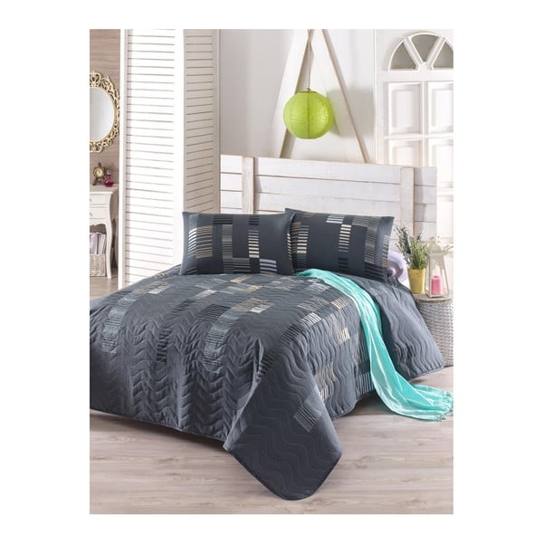 Zestaw narzuty na łóżko i poszewki na poduszkę z domieszką bawełny Trace Anthracite, 160x220 cm