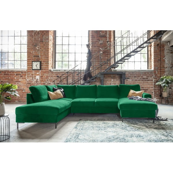 Zielona aksamitna rozkładana sofa w kształcie litery "U" Miuform Lofty Lilly, lewostronna-image-1