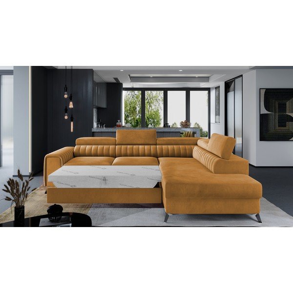 Żółty aksamitny rozkładany/ze schowkiem narożnik (prawostronny/w kształcie litery L) Laurence – ELTAP-image-2